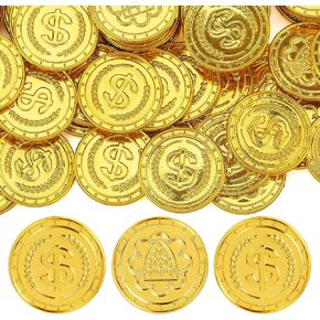 JOYIN 100 قطعة من العملات الذهبية المزيفة البلاستيكية، عملات دوبلونز إيريس، لعب عملات الكنز لماردي غرا، هدايا ديكورات حفلات سانت باتريك، مستلزمات ألعاب البحث عن الكنز، هدايا حفلات أعياد ميلاد الأطفال
