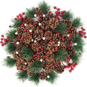 150 PCS Christmas Pine Cones Set Natural Pine Cones Berry Pine Branch Ornaments Xmas Pine Cones for DIY Crafts Home Xmas Winter Vase Filler Decoration