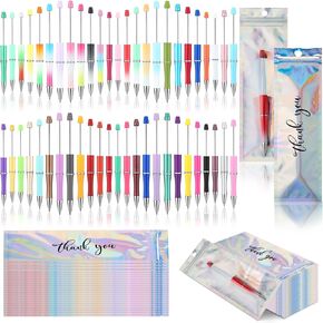 Jetec 150 Pcs DIY Beadable Pens Kit 50 Plastic Beadable Pens Bulk 50 Refills with 50 Pen Bags Beaded Ballpoint Pens Black Ink for Students Teacher School Office Supplies(Classic Color,Pure Style)