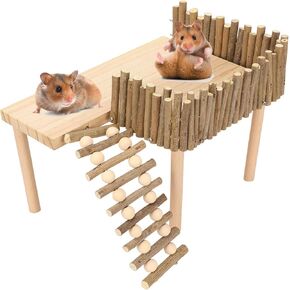 HEEPDD Hamster Platform, Wooden Hamster Climbing Toys Small Animal Playground with Fence Bridge for Small Pets Hamster Gerbil Mouse Rat