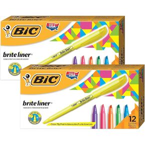 BIC Brite Liner Highlighters Markers, Chisel Tip, Assorted Colors, 12 Per Pack, 2 Packs (BICBL11AST-2)