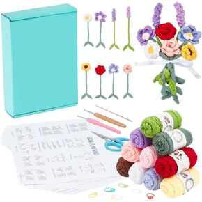 ORIGACH 8 مجموعات من الإشارات المرجعية لزهرة الكروشيه للمبتدئين والكبار DIY مجموعة أدوات الكروشيه للمبتدئين من زهرة الأوركيد وعباد الشمس واللافندر لصنع إشارات مرجعية لباقة الزهور مع فيديو تعليمي خطوة بخطوة، وتعليمات