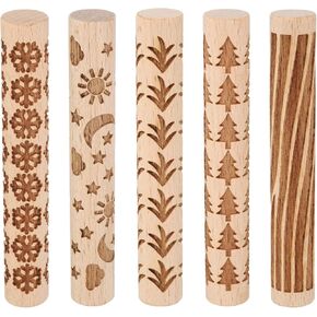 HARFINGTON 5pcs Wood Clay Roller 4" Snowflake Pattern Rolling Pins Wood Rollers Pottery Tools Wood Grain Texture Rollers for Clay Baking Dough Playdough DIY