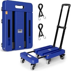 Folding Hand Trucks, Heavy Duty Dolly Cart with 6 Wheels & 2 Elastic Ropes, Foldable & Ideal for Luggage, Travel, Moving, Shopping, Office Use, Hold Up to 500 LB, Easy to Store, Coal Black