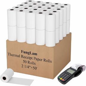 2 1/4"x50' Thermal Paper, FungLam Receipt Paper, POS Cash Register Papers, 2 1/4"x50' Thermal Paper for POS Cash Receipt Printers for Credit Card Terminal, Clover/Square/Verifone Printers, 50 Rolls.