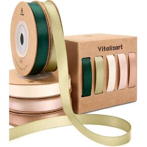 Vitalizart Ribbons for Crafts 3/8" x 50 Yd Satin Ribbon Double Face Gift Wrapping Silk Like Fabric Flower Bouquet Birthday Party Decorations Bridal Shower Wreath Hair Continuous Pink Nude Rose Tan