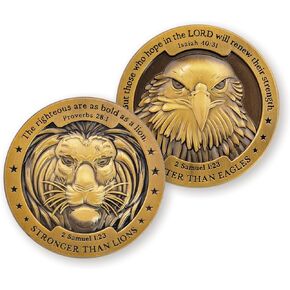 Eagle & Lion Challenge Coin, Gold-Color Plated Christian & Catholic Gifts for Men, Bible Verse Worry Coin for Prayer, Bible Study Supplies, Religious EDC Pocket Coins for Police & Military