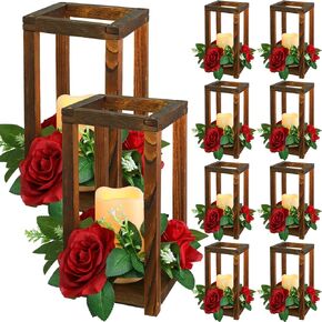 Hushee 20 Set 60 Pack Integrated Wedding Lantern Centerpiece Rustic Wooden Candle Holder with Candles and Candle Rings Farmhouse Candle Lantern Decor for Home Christmas Wedding Party Table Decor