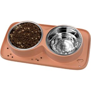 Dog Food Bowl with Mat Double No Spill No Mess Stainless Steel Dog Bowls Easy to Clean Dog Water and Food Bowls Non-Skid Design, Perfect for Medium or Small Breeds, Grey