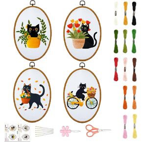 ORIGACH 4 Pack Funny Black Cat Embroidery Kits for Beginners, DIY Starter Hand Embroidery Kit with Cat Patterns and Instructions, Cat Pattern Embroidery Starter Kit for Adults Women Crafting
