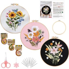 LB Embroidery Kit for Beginners 3 Pack Floral Plant Pattern Cross Stitch Kits with Embroidery Hoops and Color Threads Needlepoint Kits for Adults DIY Craft Kits for Women