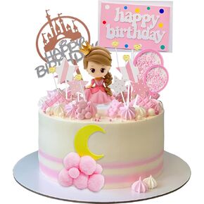 Princess Cake Topper Girl Princess Castle Cake Decorations Happy Birthday Banner Moon Cloud Castle Stars Hearts Cake Toppers for Girl Birthday Princess Theme Party Supplies