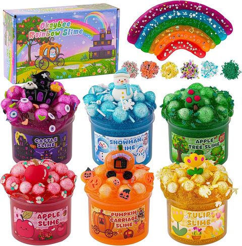 6 Pack Bingsu Crunchy Slime Kit, Rainbow Slime for Kids, with Cute Slime Charms & Add-ins, Slime Party Favors Sensory Toys, Holiday Birthday Easter Hallowmas Christmas Girls Gift & Boys Gift in Saudi Arabia