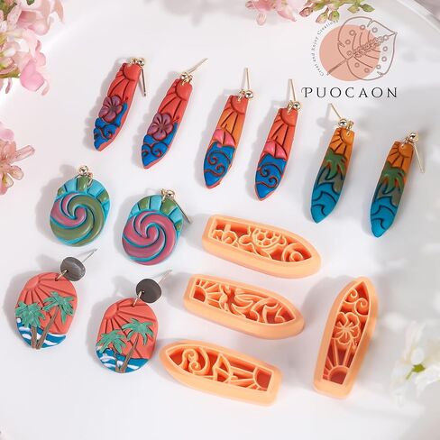 Puocaon Ocean Polymer Clay Cutters - 6 Pcs Clay Cutters for Polymer Clay Jewelry, Tropical Scenery Surfboard Clay Earring Cutters, Wave Sea Palm Tree Embossed Clay Cutters in Saudi Arabia