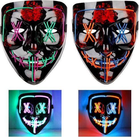 [عبوتان] قناع الهالوين LED المضيء قناع التطهير المخيف مع 3 أوضاع إضاءة لأزياء الهالوين التنكرية، أزرق/أحمر + أخضر/أرجواني in Kuwait