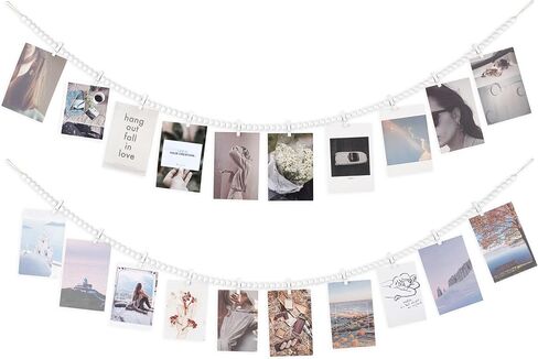 Mkono Hanging Photo Display with Clips, Boho Wooden Bead Garland Banner, Collage Card Picture Kids Art Holder String with 9 Clips for Bedroom, Living Room, Office, Dorm Decor, Teen Girl Gifts, 2 Pack in Saudi Arabia