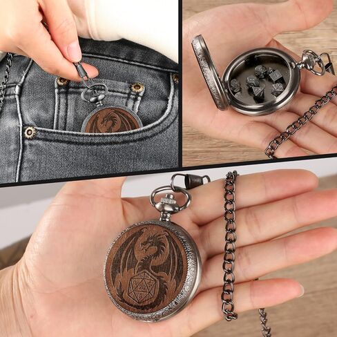 Mini DND Dice Set Wooden Dragon Engraved Pocket Watch Shell Case, 7pcs Polyhedral Metal D&D Dice Set, DND Gifts with Gift Box, Role Playing Board Games Accessories, Silver in Saudi Arabia