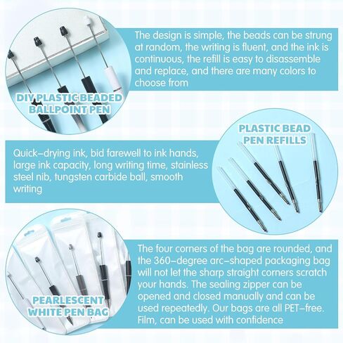 Jetec 150 Pcs DIY Beadable Pens Kit 50 Plastic Beadable Pens Bulk 50 Refills with 50 Pen Bags Beaded Ballpoint Pens Black Ink for Students Teacher School Office Supplies(Classic Color,Pure Style) in Kuwait