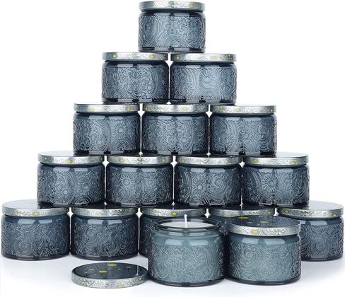 4 oz Sun Moon Stars Embossed Glass Candle Container with Lid, Labels and Packing Boxes - Pack of 18 (Blue) in Saudi Arabia
