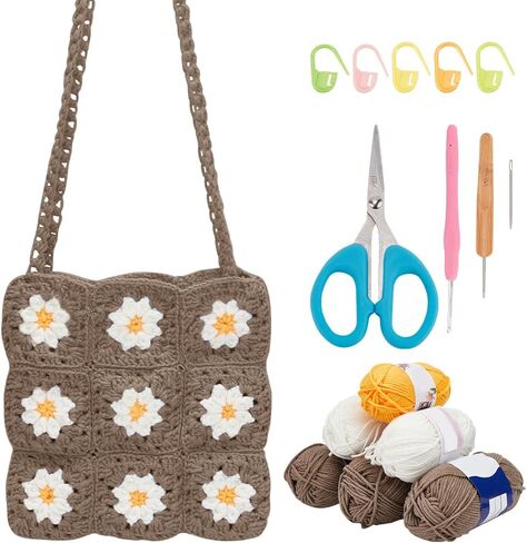 ORIGACH Crochet Kit for Beginner Adult, Crochet Granny Square Daisy Bag Kit Shoulder Bag Handbag Crochet Set with Step by Step Video Tutorial, Instruction, Yarn, Hook, Accessories, Khaki in Kuwait