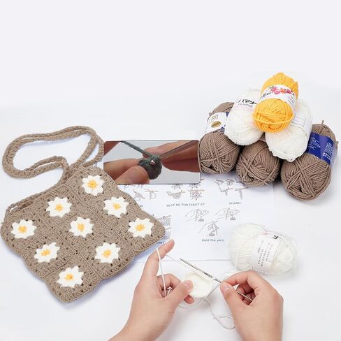 ORIGACH Crochet Kit for Beginner Adult, Crochet Granny Square Daisy Bag Kit Shoulder Bag Handbag Crochet Set with Step by Step Video Tutorial, Instruction, Yarn, Hook, Accessories, Khaki in Kuwait