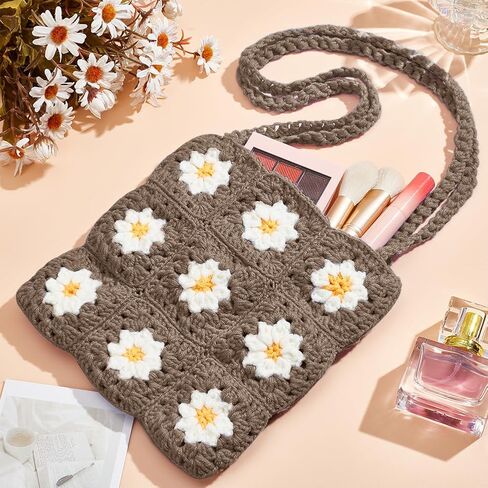 ORIGACH Crochet Kit for Beginner Adult, Crochet Granny Square Daisy Bag Kit Shoulder Bag Handbag Crochet Set with Step by Step Video Tutorial, Instruction, Yarn, Hook, Accessories, Khaki in Kuwait
