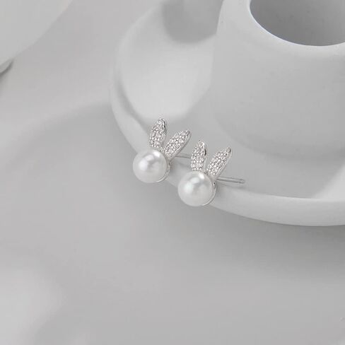 Cute CZ Pearl Rabbit Earrings for Women Girls Gold Plated Imitation Pearls Ball Stud Cartilage Post Pin Dainty Lovely Jewelry Birthday Valentine Anniversary in Saudi Arabia