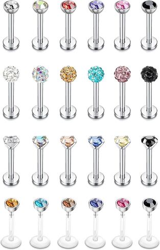 Suprsparkle 24 Pcs 16G Hypoallergenic Stainless Steel Labret Lip Monroe Medusa Stud Piercing For Women Men 3mm Cubic Zirconia Forward Helix Earrings Cartilage Tragus Piercing 6mm 8mm in Kuwait