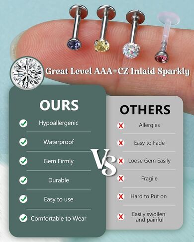Suprsparkle 24 Pcs 16G Hypoallergenic Stainless Steel Labret Lip Monroe Medusa Stud Piercing For Women Men 3mm Cubic Zirconia Forward Helix Earrings Cartilage Tragus Piercing 6mm 8mm in Kuwait