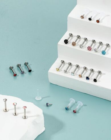 Suprsparkle 24 Pcs 16G Hypoallergenic Stainless Steel Labret Lip Monroe Medusa Stud Piercing For Women Men 3mm Cubic Zirconia Forward Helix Earrings Cartilage Tragus Piercing 6mm 8mm in Kuwait