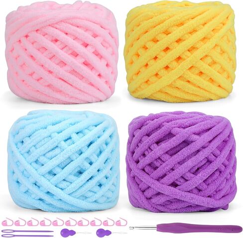 4 Skeins Blanket Yarn, Soft Chunky Chenille Yarn for Crocheting and Knitting, Thick Fluffy Yarn with Crochet Hook for Making Blankets Sweater Scarf Shawl DIY Crocheting Crafts in Saudi Arabia
