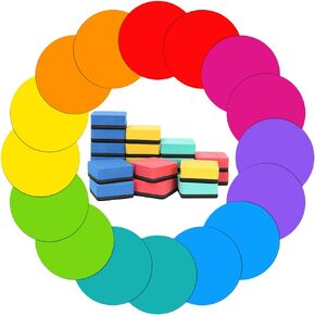 Dry Erase Dots Circles 16 Pieces 11 Inch Removable Colorful Vinyl Dots Decals, 20 Square Magnetic Dry Erase Erasers for Students Teachers Classroom and Homeschooling