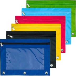 3 Ring Pencil Pouch,6 Pack Multi-Color Binder Pencil Pouch,Durable Zip Binder Pencil Bags,Zipper Pen Pouches with Clear Window,Binder Pouch Pencil Case Bag For Office Supplies Cosmetics