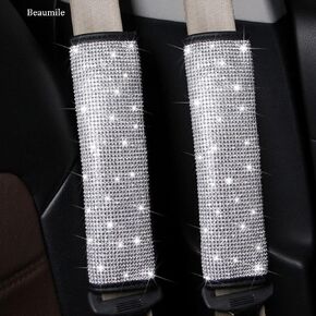 Beaumile Seat Belt Pads 2-Pack Bling Seat Belt Covers Soft PU Leather Crystal Seat Belt Shoulder Pads Rhinestone Bling Car Accessories for Women (Black)