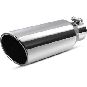 AUTOSAVER88 2.5 Inch Inlet Exhaust Tip, 2.5" Inlet 4" Outlet 12" Long Chrome-Plated Stainless Steel Universal Exhaust Tail Tip for 2.5" Outside Diameter Tailpipe, Rolled Angle Cut, Bolt On, Polished