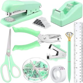 Green Desk Office Supplies Kit for Women, Green Desktop Stapler, Tape Dispenser, Staple Remover, Hole Punch, Scissor, Diamond Ballpoint Pen, Binder Clips, Ruler and 24/6 Staples
