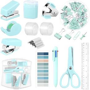 Mini Office Supplies, Turquoise Green School Supplies with Sticky Notes,Mini Stapler,Tape Dispenser,Hole Punch,Staple Remover,Staples,Clips,Scissor,Pen (Green)