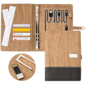 A5 Binder, Leather A5 Binder with 8000mah Power Bank, 6 Ring Binder Planner Notebooks Portfolio with Document Sleeve/Card Holder/Pencil Holder for A5 Filler Paper (No Paper) (Black)