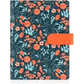 A5 Floral Personal Organiser,PU Leather Binder Notebook Cover,Refillable A5 Journal Folio Portfolio Cover, 6 Ring Binder Organizer with Magnetic Buckle Closure,Dark Blue