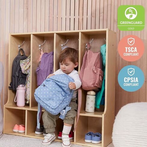 ECR4Kids خزانة ملابس مبسطة مكونة من 4 أقسام مع مقعد، مقاس طفل صغير، أثاث أطفال، طبيعي in Saudi Arabia