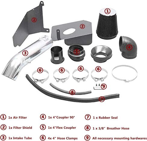 طقم مرشح مدخل الهواء البارد 4 بوصة ودرع الحرارة لـ 2009-2014 سيلفرادو 1500 جي إم سي سييرا 1500 يوكون كاديلاك إسكاليد ESV EXT (فضي وأسود) in Kuwait