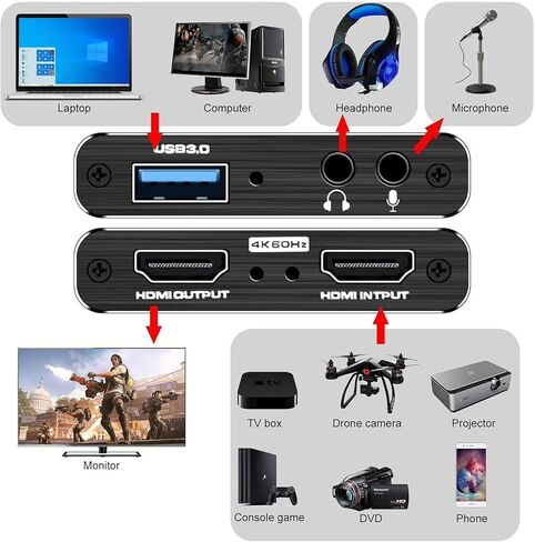 بطاقة التقاط فيديو HDMI 4K، مسجل فيديو USB3.0 1080P 60FPS، بطاقة التقاط نينتندو سويتش لبث الألعاب والبث، تعمل مع Xbox Series X/S، Xbox One X/S، PS4، PS5، OBS، الكاميرا، الكمبيوتر الشخصي in Saudi Arabia