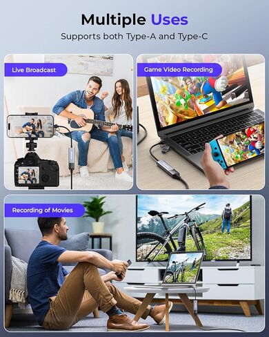 بطاقة التقاط HDMI RayCue 4K HDMI، بطاقة التقاط فيديو HDMI إلى USB/Type-C 1080P HD مسجل فيديو، التقاط فيديو الألعاب للبث المباشر، الألعاب، على التبديل، PS4، PS5، Xbox، OBS، العمل مع جهاز الكمبيوتر/Windows/Mac OS in Kuwait