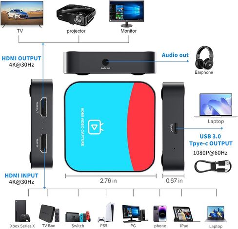 Capture Card for Nintendo Switch, 4K Audio Video Capture Card, USB C 3.0 1080P 60FPS HDMI Recorder for Gaming/Live Streaming/Video Conference, Works for Nintendo Switch/PS5/Xbox/OBS/Camera/PC in Saudi Arabia
