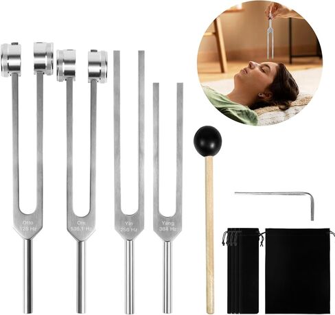 شوكة ضبط للشفاء (128 هرتز، 136.1 هرتز، 256 هرتز، 384 هرتز)، شوكة ضبط مع مطرقة عاكسة، مجموعة مكونة من 4 قطع للشاكرات/العلاج الصوتي/الشفاء/الطب، هدية جيدة للنساء، مبتدئات التأمل in Kuwait