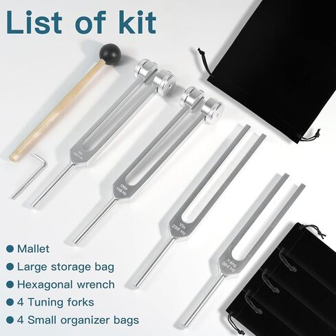 شوكة ضبط للشفاء (128 هرتز، 136.1 هرتز، 256 هرتز، 384 هرتز)، شوكة ضبط مع مطرقة عاكسة، مجموعة مكونة من 4 قطع للشاكرات/العلاج الصوتي/الشفاء/الطب، هدية جيدة للنساء، مبتدئات التأمل in Kuwait