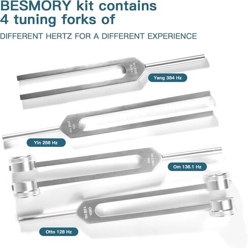شوكة ضبط للشفاء (128 هرتز، 136.1 هرتز، 256 هرتز، 384 هرتز)، شوكة ضبط مع مطرقة عاكسة، مجموعة مكونة من 4 قطع للشاكرات/العلاج الصوتي/الشفاء/الطب، هدية جيدة للنساء، مبتدئات التأمل in Kuwait