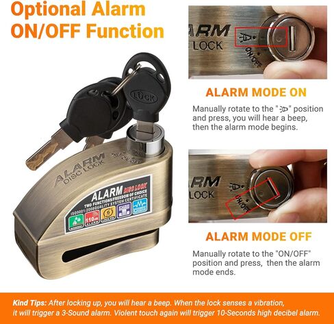 قفل فرامل قرص الدراجة النارية من Favoto، وظيفة إنذار تشغيل/إيقاف ذكية، 3 مفاتيح و12 بطارية (3 سنوات متاحة)، إنذار ضد السرقة مقاوم للماء 120 ديسيبل، دبوس قفل 7 مم - للدراجات النارية والدراجات البخارية والدراجات الإلكترونية in Kuwait