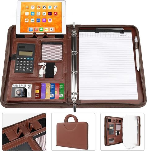 Portfolio Binder Padfolio Folder Organizer Leather Business Card Organizer Clipboard with Calculator- Zippered Portfolio with Handle for Men & Women (Black) in Kuwait