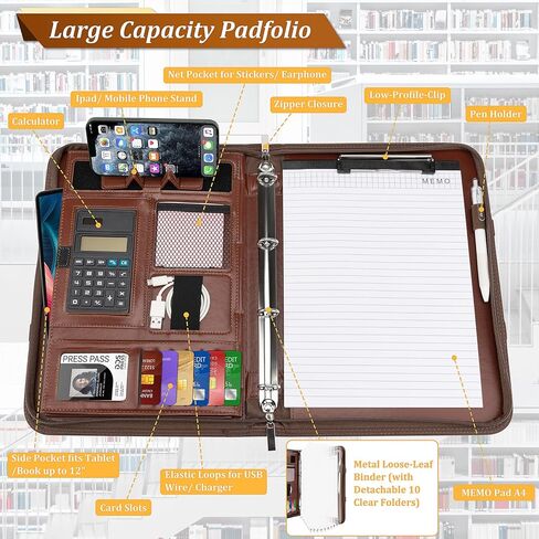 Portfolio Binder Padfolio Folder Organizer Leather Business Card Organizer Clipboard with Calculator- Zippered Portfolio with Handle for Men & Women (Black) in Kuwait